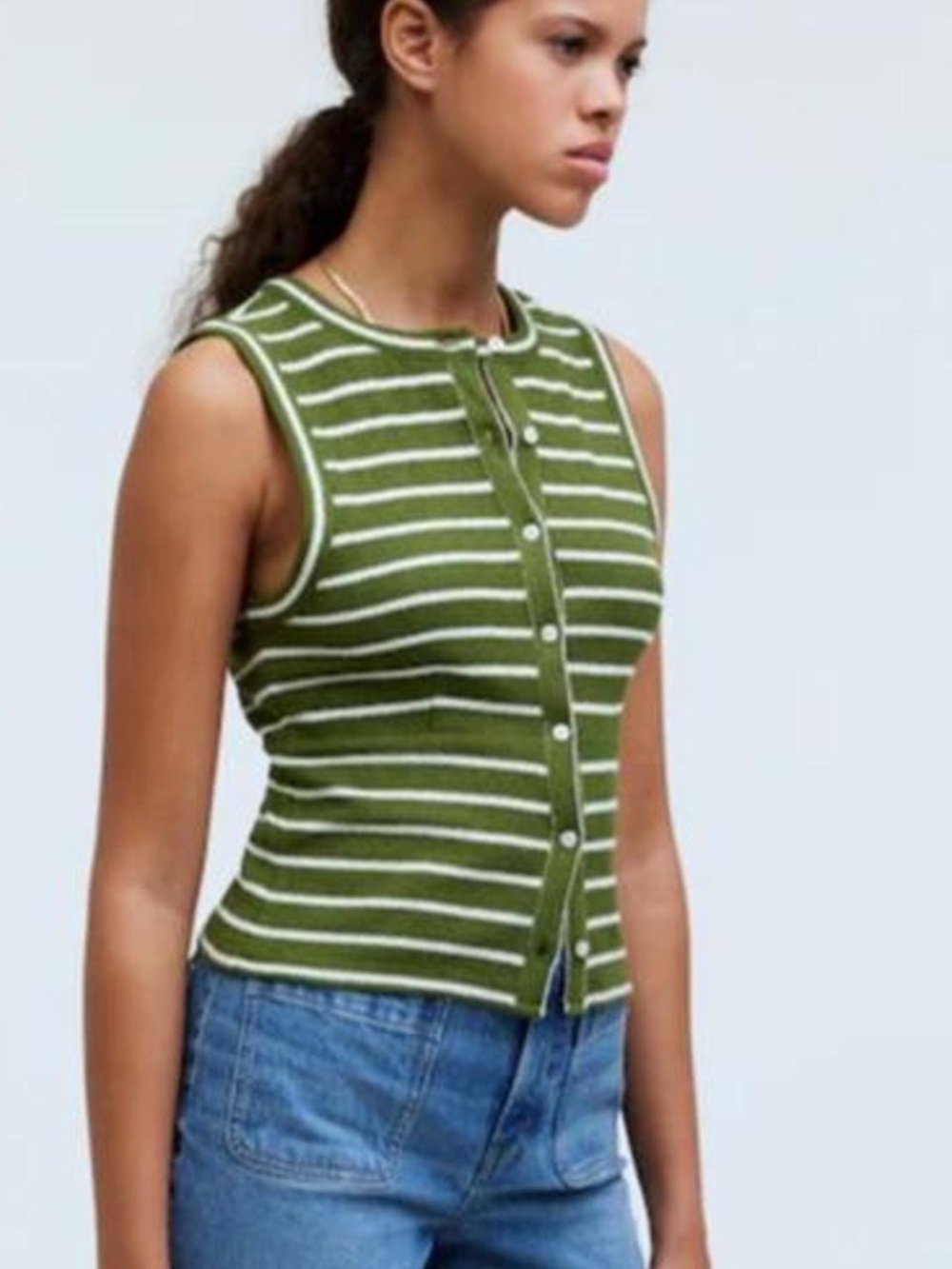 Madewell Green/Ivory Knitted Button Down Vest Top - Women's S